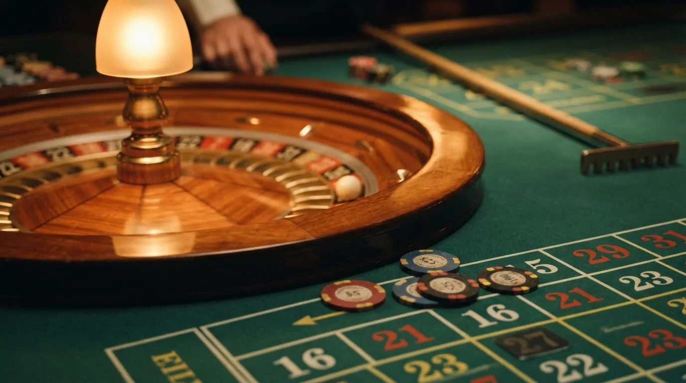 Roulettehjul og spillemærker på grønt filt i varmt aftenlys — anmeldelser af casinoer
