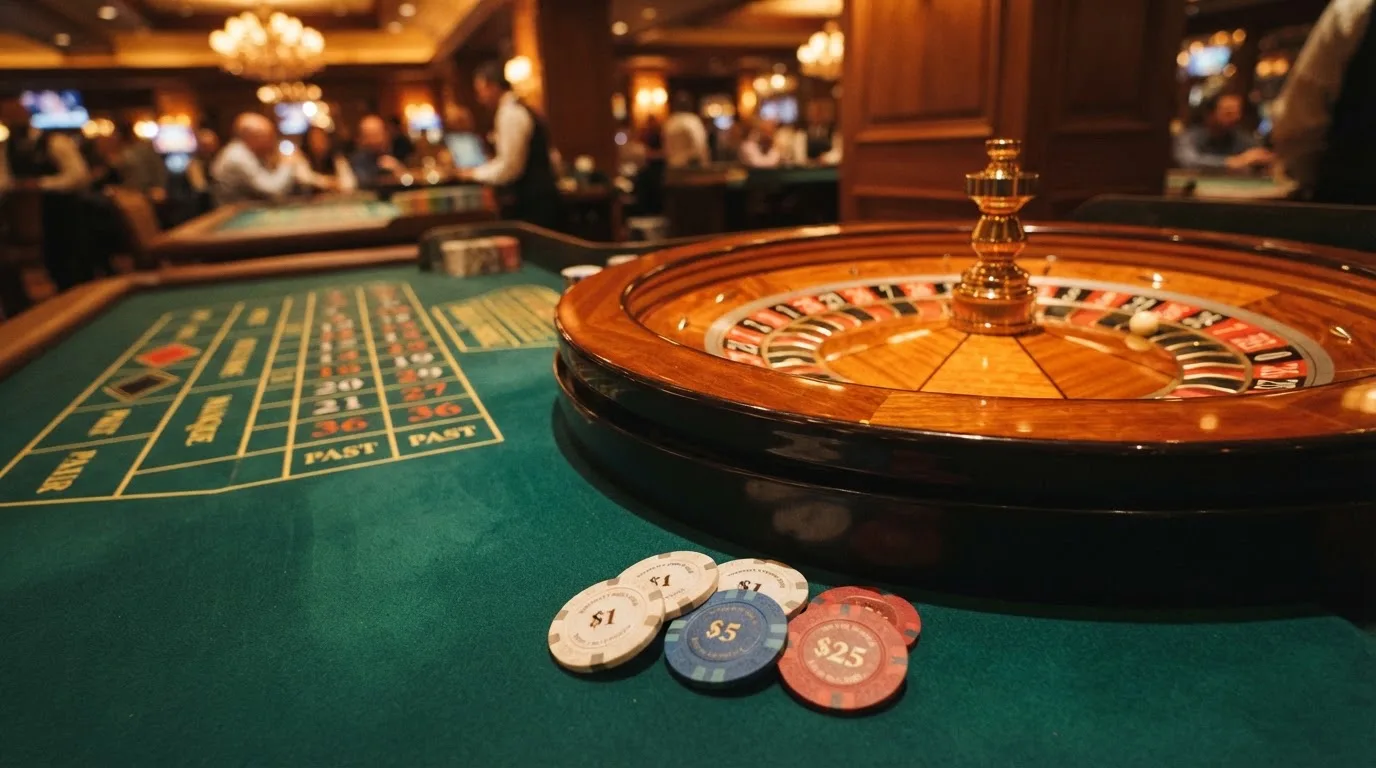 Roulettehjul og spillemærker på grønt filt i varmt aftenlys — bedste blackjack casinoer