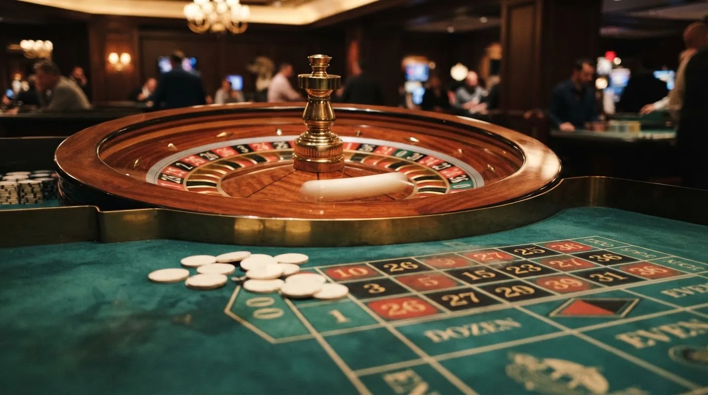 Roulettehjul og spillemærker på grønt filt i varmt aftenlys — bedste blackjack i danmark