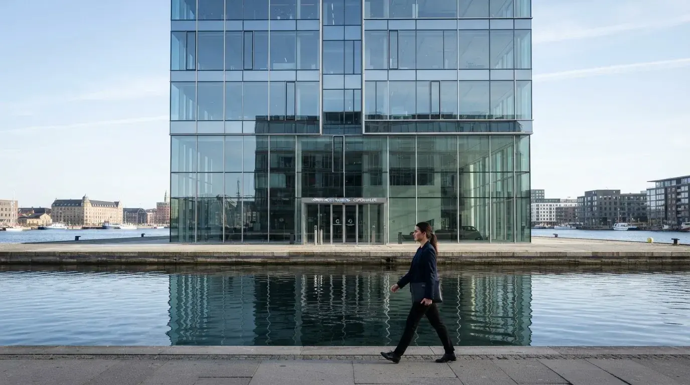 En moderne kontorbygning med glasfacade ved Københavns havn i klart dagslys, med en medarbejder i blazer, der går forbi.