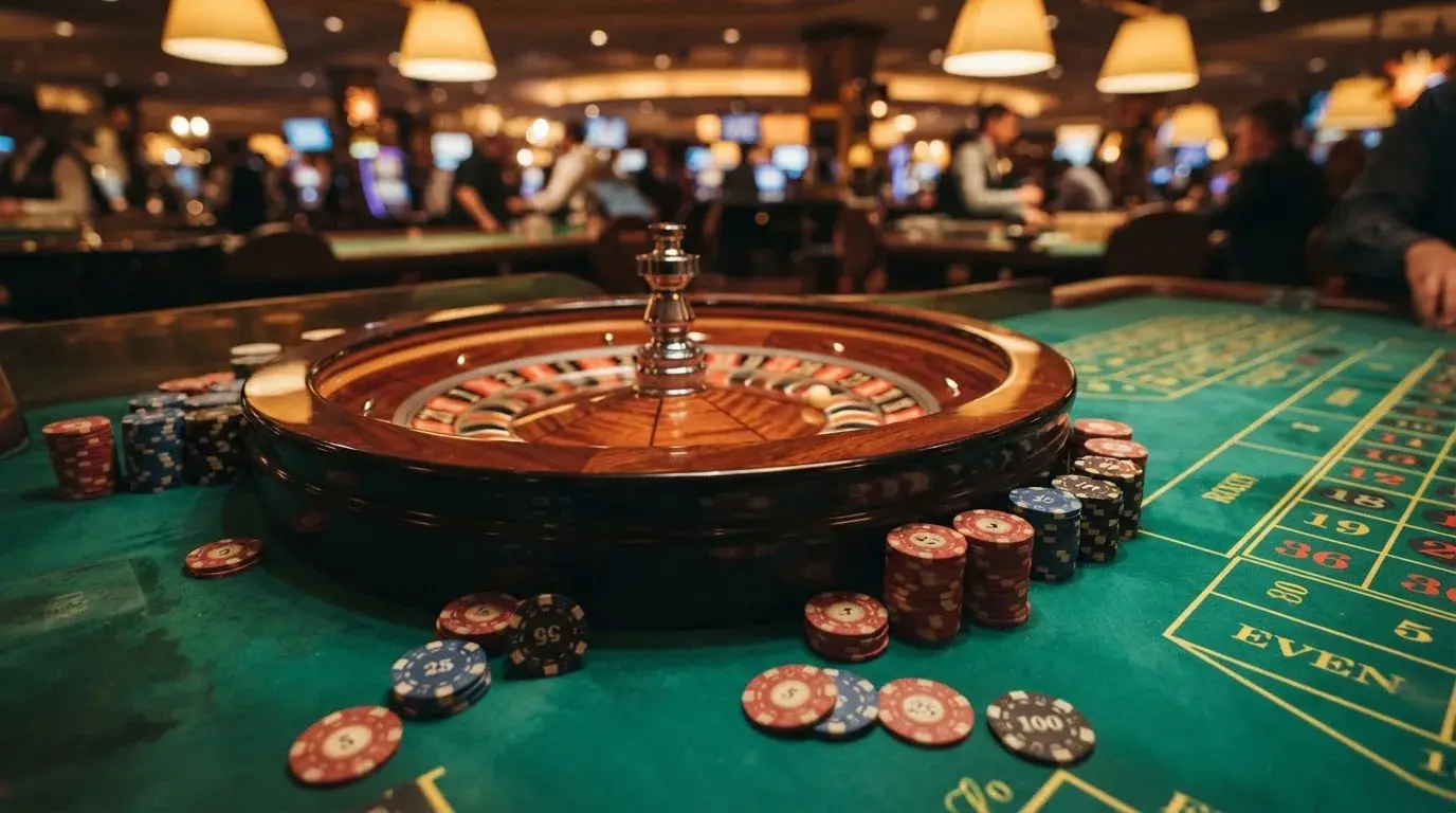 Roulettehjul og spillemærker på grønt filt i varmt aftenlys — bedste danske casino bonusser