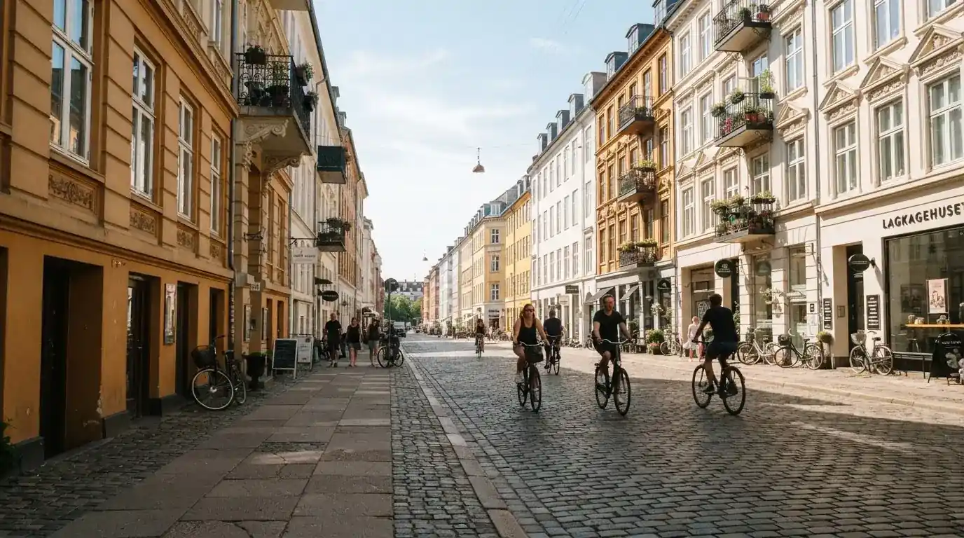 Københavnsk gade med klassiske bygninger og cyklister i klart vejr, set fra fortovet.