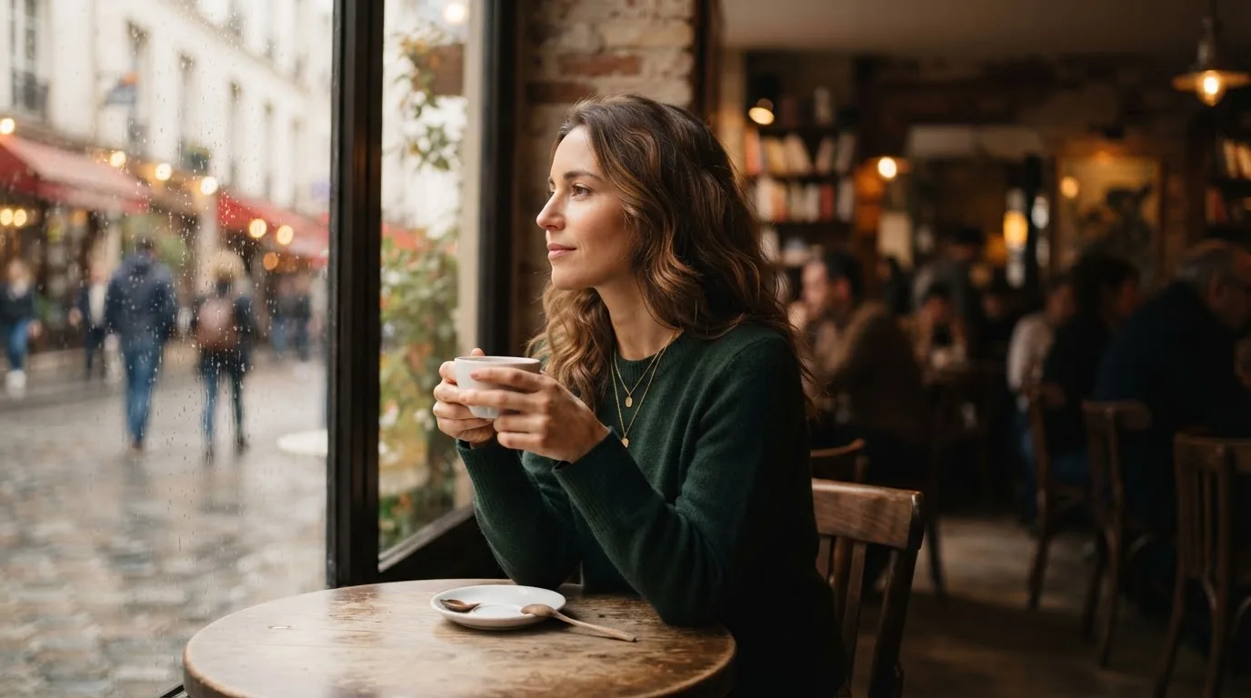 Kvinde sidder på en café med en kop te og kigger tænksomt ud ad vinduet i blødt dagslys.
