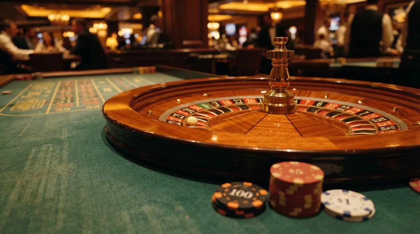 Roulettehjul og spillemærker på grønt filt i varmt aftenlys — bedste roulette casinoer