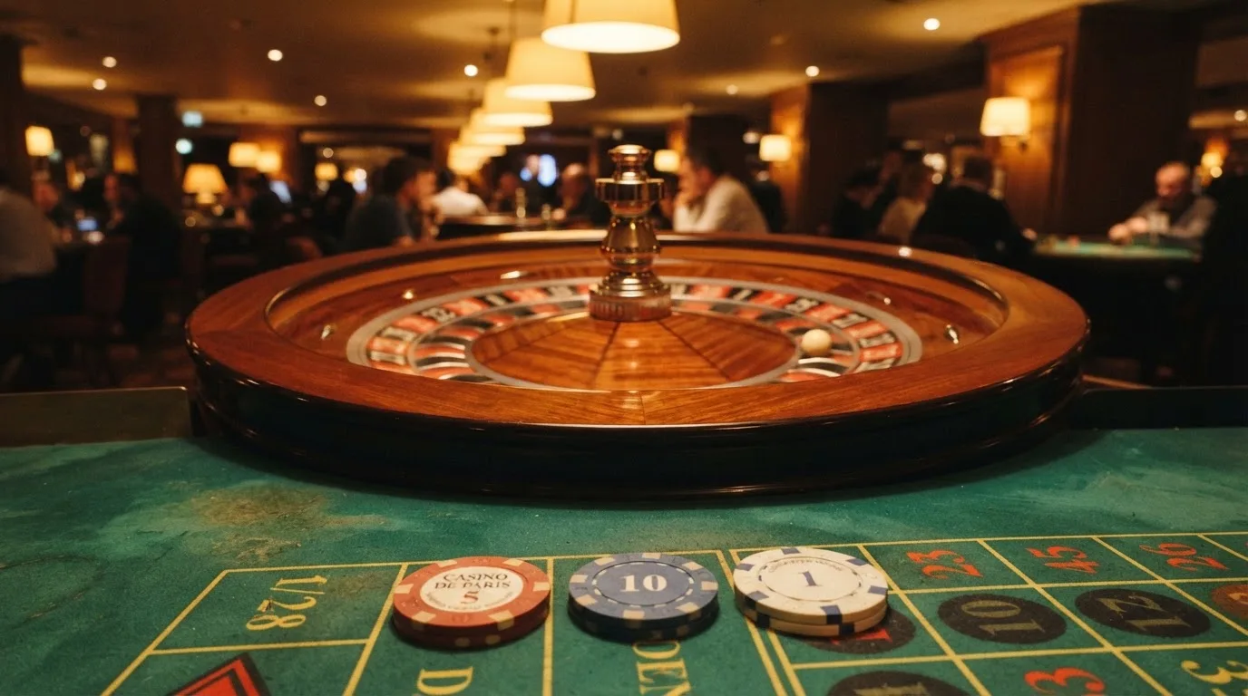 Roulettehjul og spillemærker på grønt filt i varmt aftenlys — bedste slots casinoer