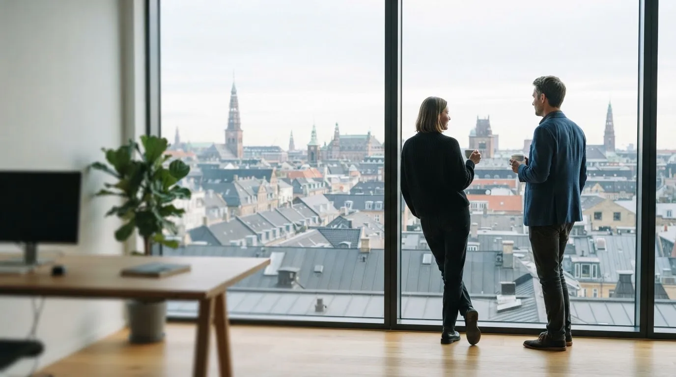To medarbejdere står ved et stort vindue i et lyst kontor i København og taler sammen med kaffekopper i hænderne.