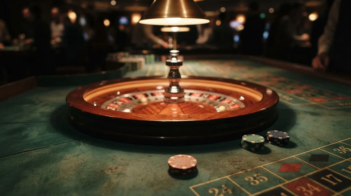 Roulettehjul og spillemærker på grønt filt i varmt aftenlys — casino bonus til eksisterende kunder