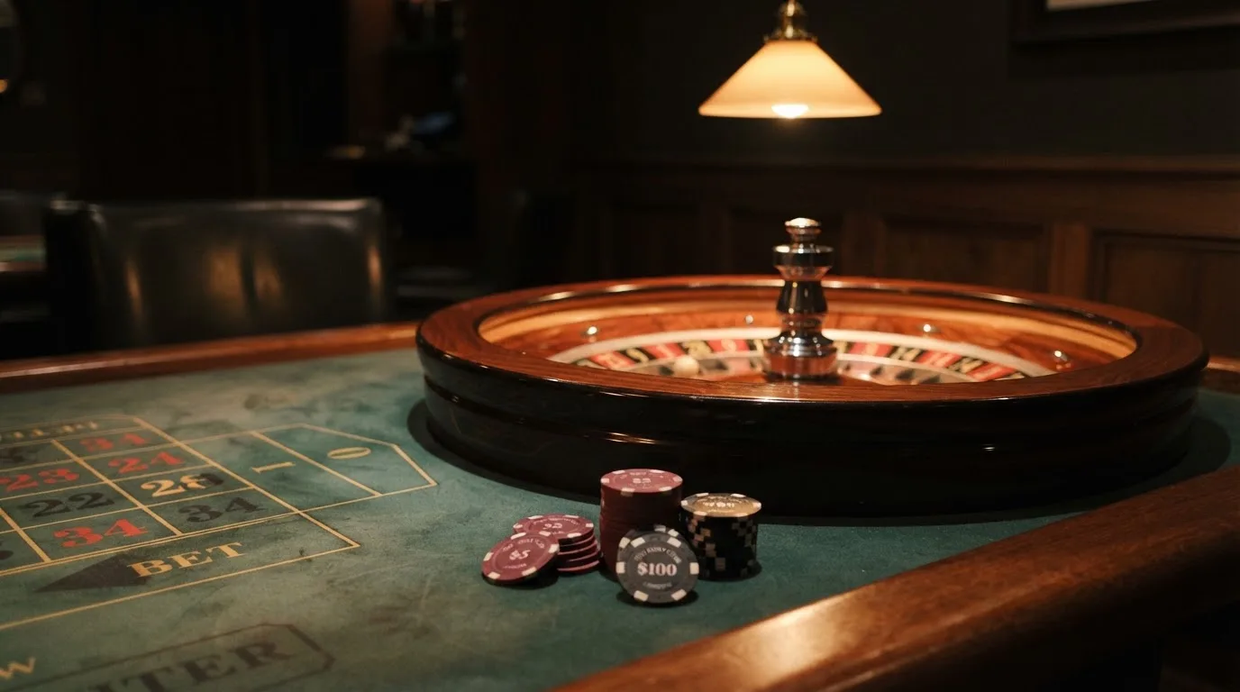 Roulettehjul og spillemærker på grønt filt i varmt aftenlys — casino bonus uden indskud dk