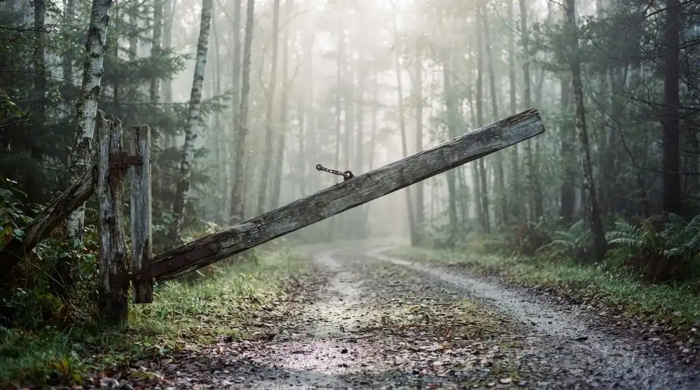 Træbom hævet halvvejs over en grusvej i en tåget skov i morgenlys, uden mennesker og køretøjer.