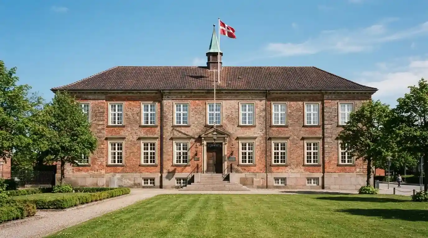Facade af en klassisk dansk administrationsbygning i røde mursten med flagstang under blå himmel, uden personer.