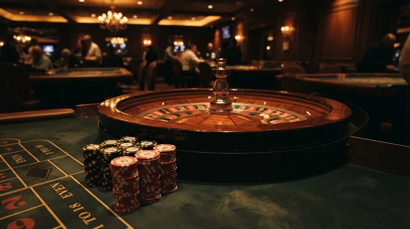 Roulettehjul og spillemærker på grønt filt i varmt aftenlys — casino med cardano i danmark
