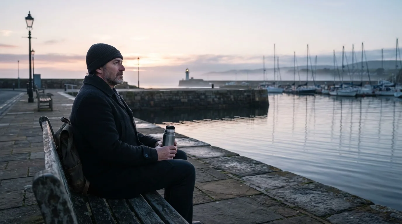 En mand sidder på en bænk ved havnen en tidlig morgen og ser ud over vandet med en termokop i hånden.