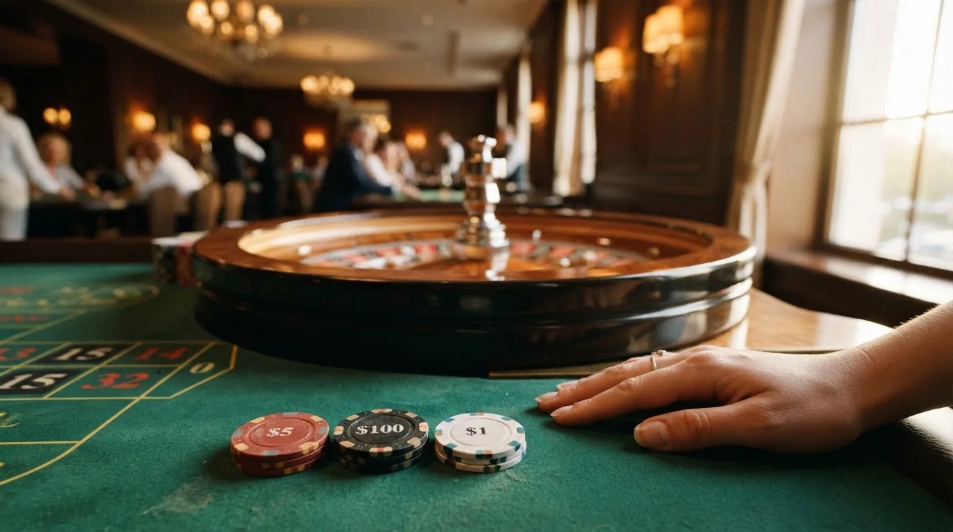 Roulettehjul og spillemærker på grønt filt i varmt aftenlys — casino med dogecoin i danmark