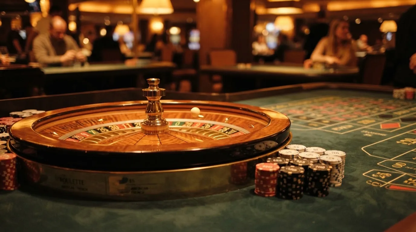 Roulettehjul og spillemærker på grønt filt i varmt aftenlys — casino med ethereum i danmark