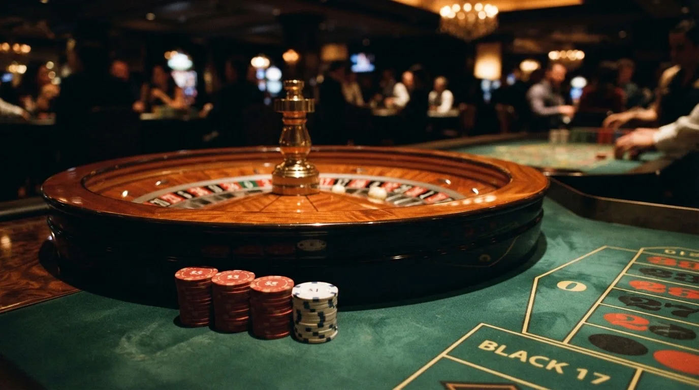 Roulettehjul og spillemærker på grønt filt i varmt aftenlys — casino med högst rtp