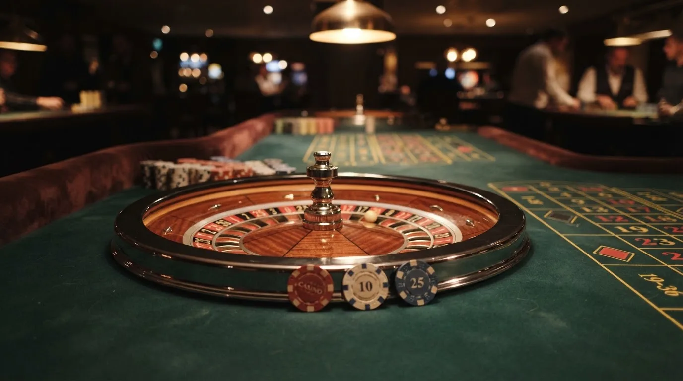 Roulettehjul og spillemærker på grønt filt i varmt aftenlys — casino på mobilen i danmark
