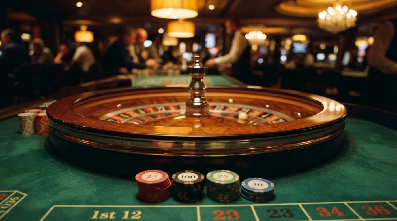 Roulettehjul og spillemærker på grønt filt i varmt aftenlys — casino uden dansk licens