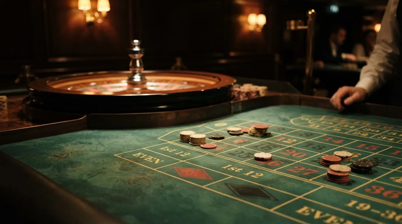 Roulettehjul og spillemærker på grønt filt i varmt aftenlys — dansk live roulette