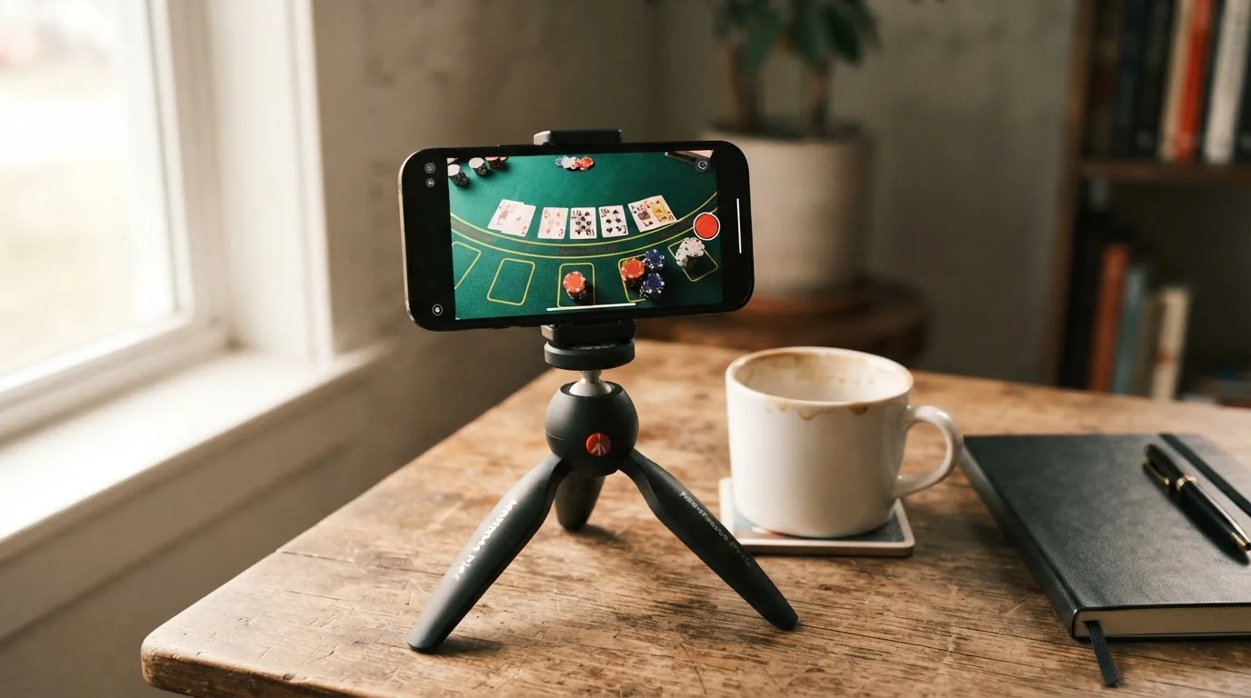 En smartphone på et stativ viser en uskarp videostream af et spillebord, mens en kaffekop står ved siden af på et skrivebord.
