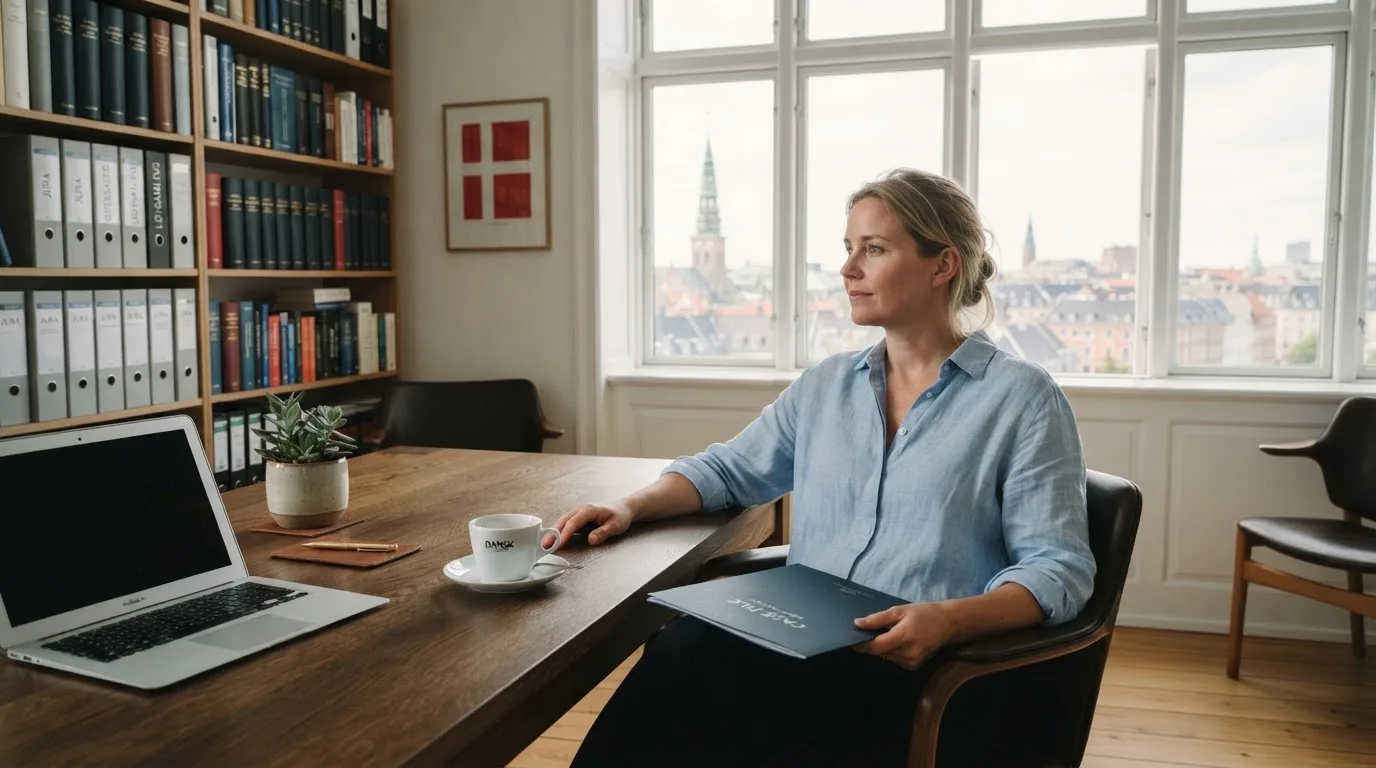 Jurist sidder ved et skrivebord i et lyst københavnsk kontor med reol, kaffekop og store vinduer og kigger eftertænksomt ud.