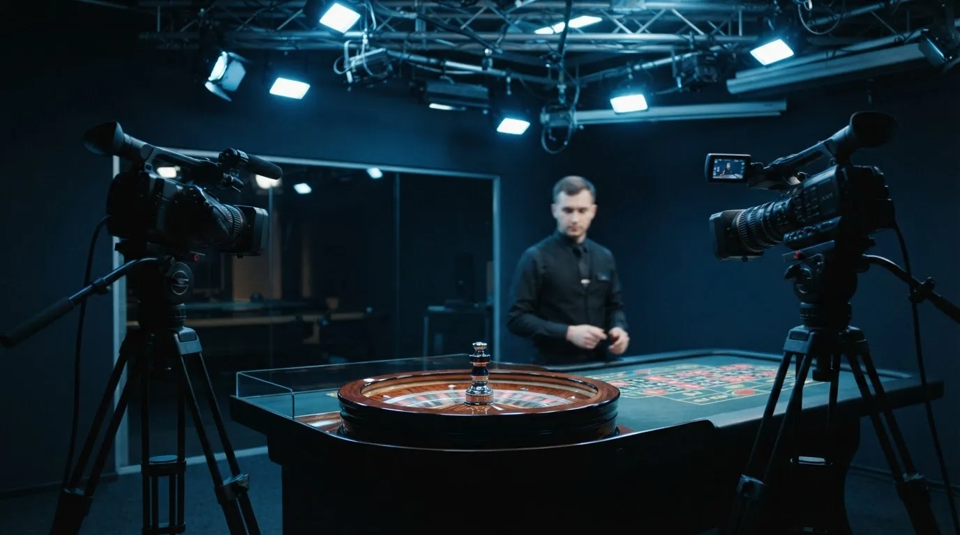 Kameraer på stativer og et roulettehjul midt i et mørkt livecasino-studie med en dealer i uniform, set fra siden i blåligt lys.