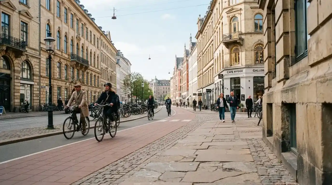 Københavnsk gade med klassiske sandstensbygninger og cyklister i klart vejr, set fra fortovet.