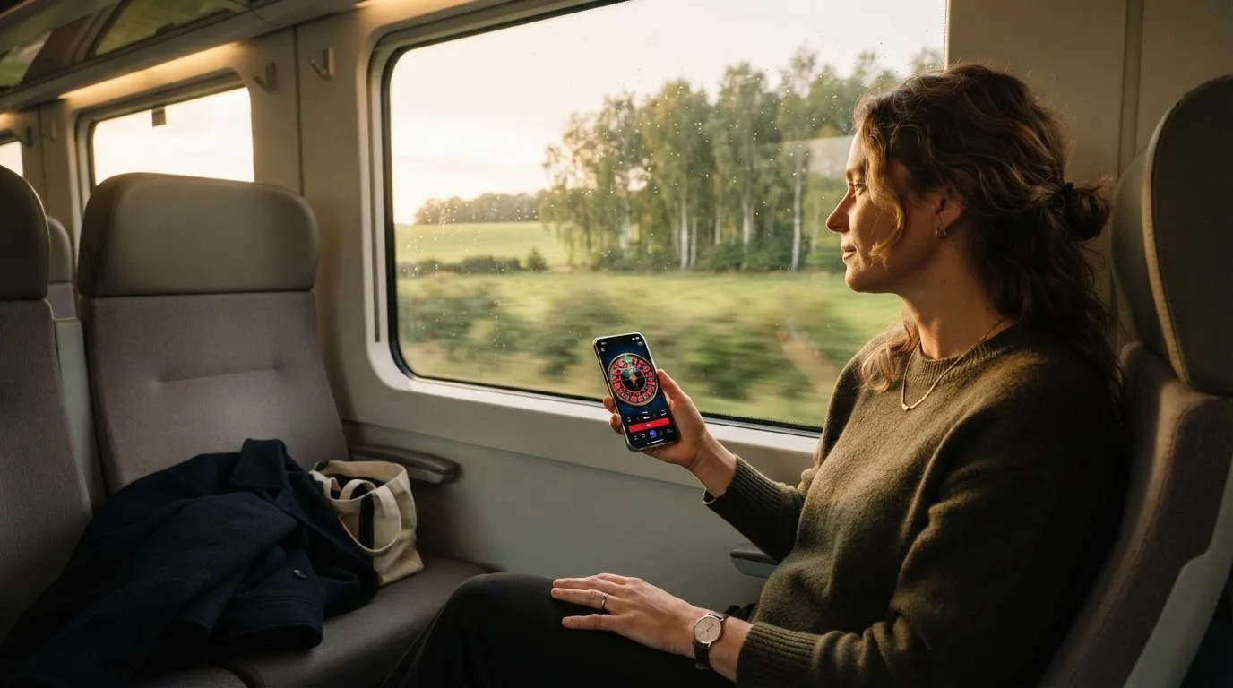 Kvinde på toget ser ud ad vinduet med mobilen i hånden, mens landskabet suser forbi i eftermiddagslys.